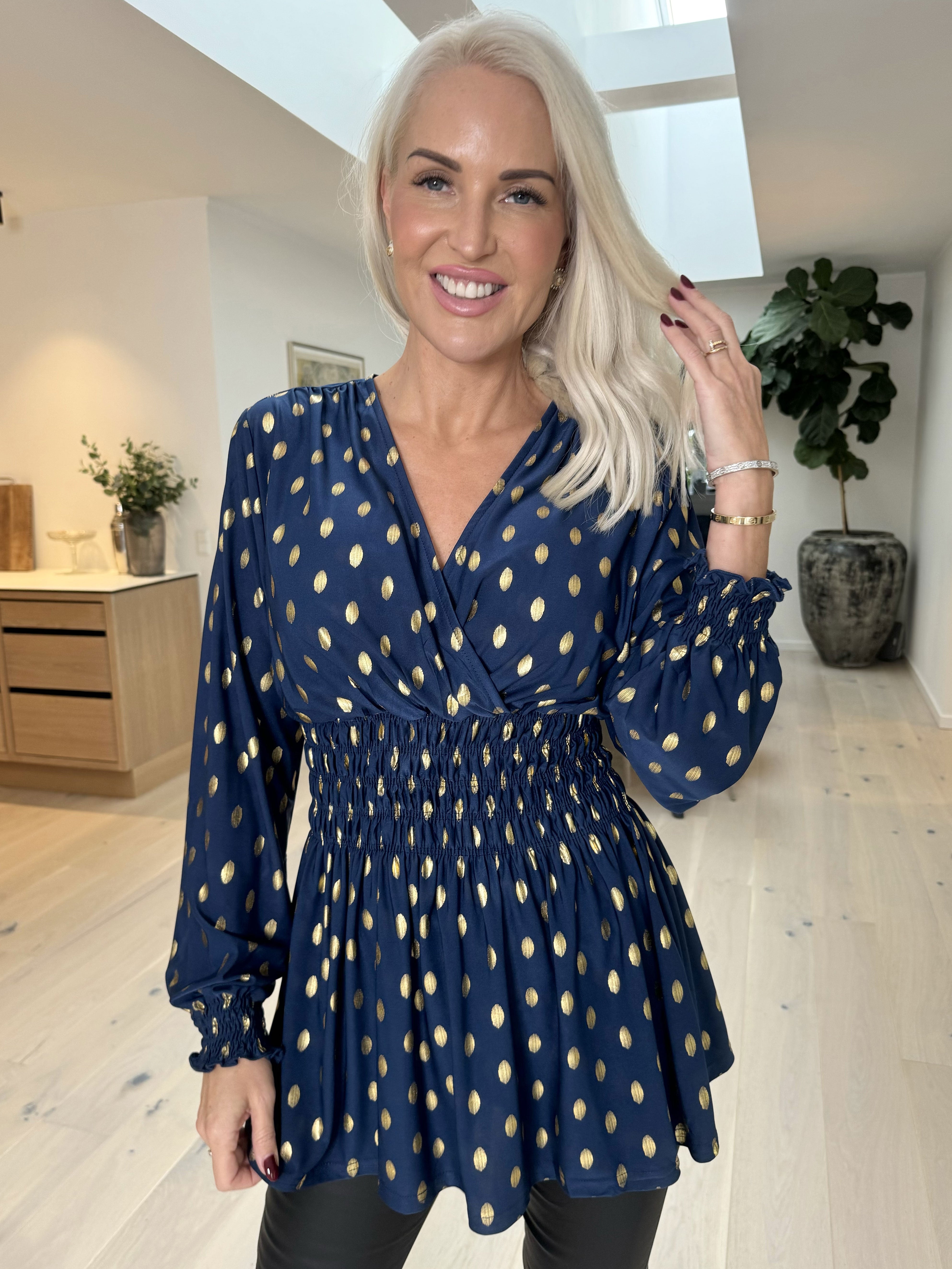 Pams Gold Dot Shirt L/S - Elastisk bluse i krølfrit stof